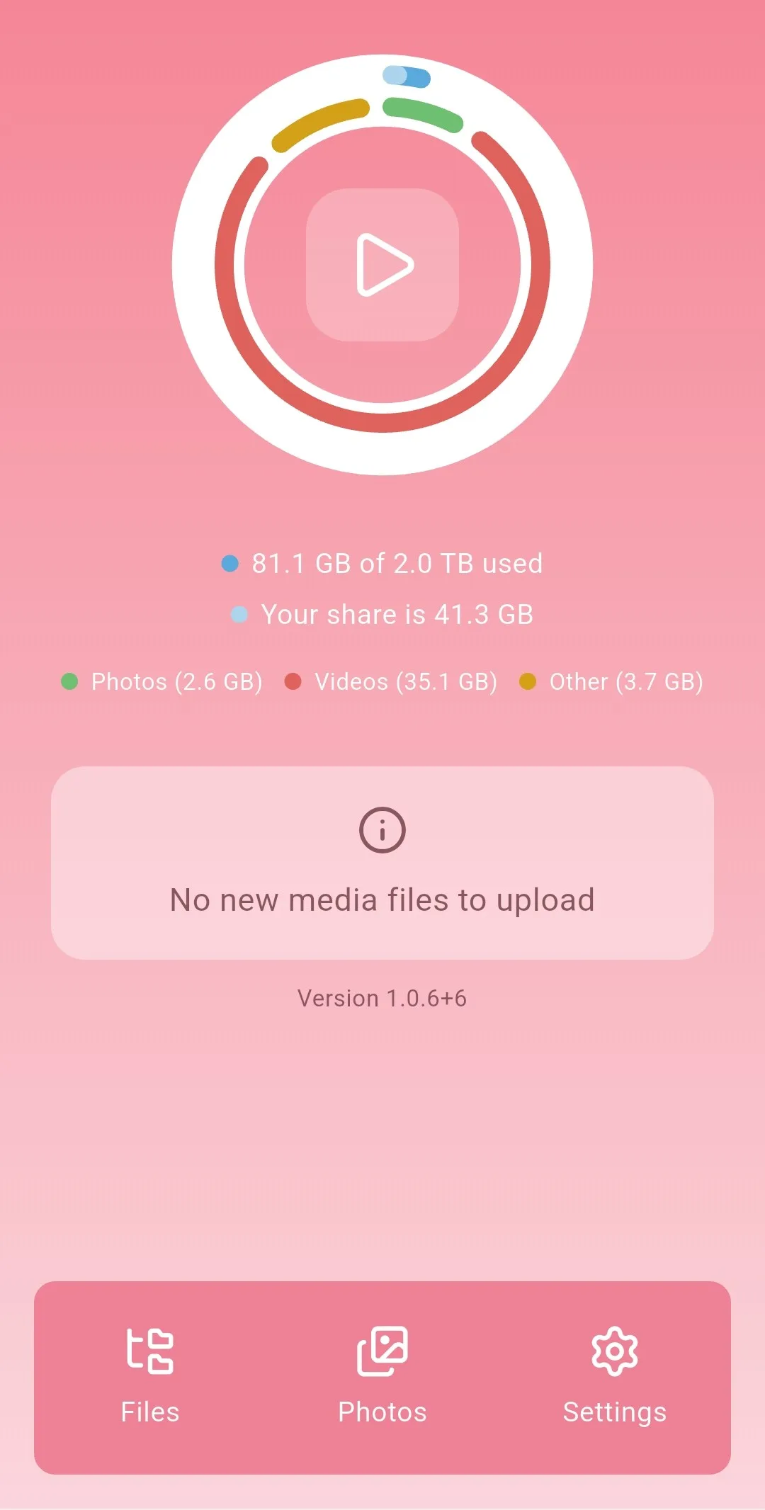 The Brick app on Android, showing storage used and camera roll backup status.