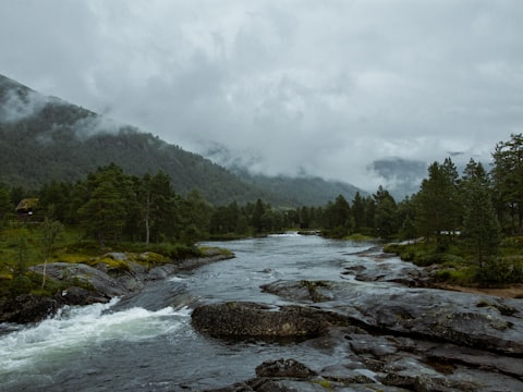 En älv som rinner genom en dimmig norsk dal