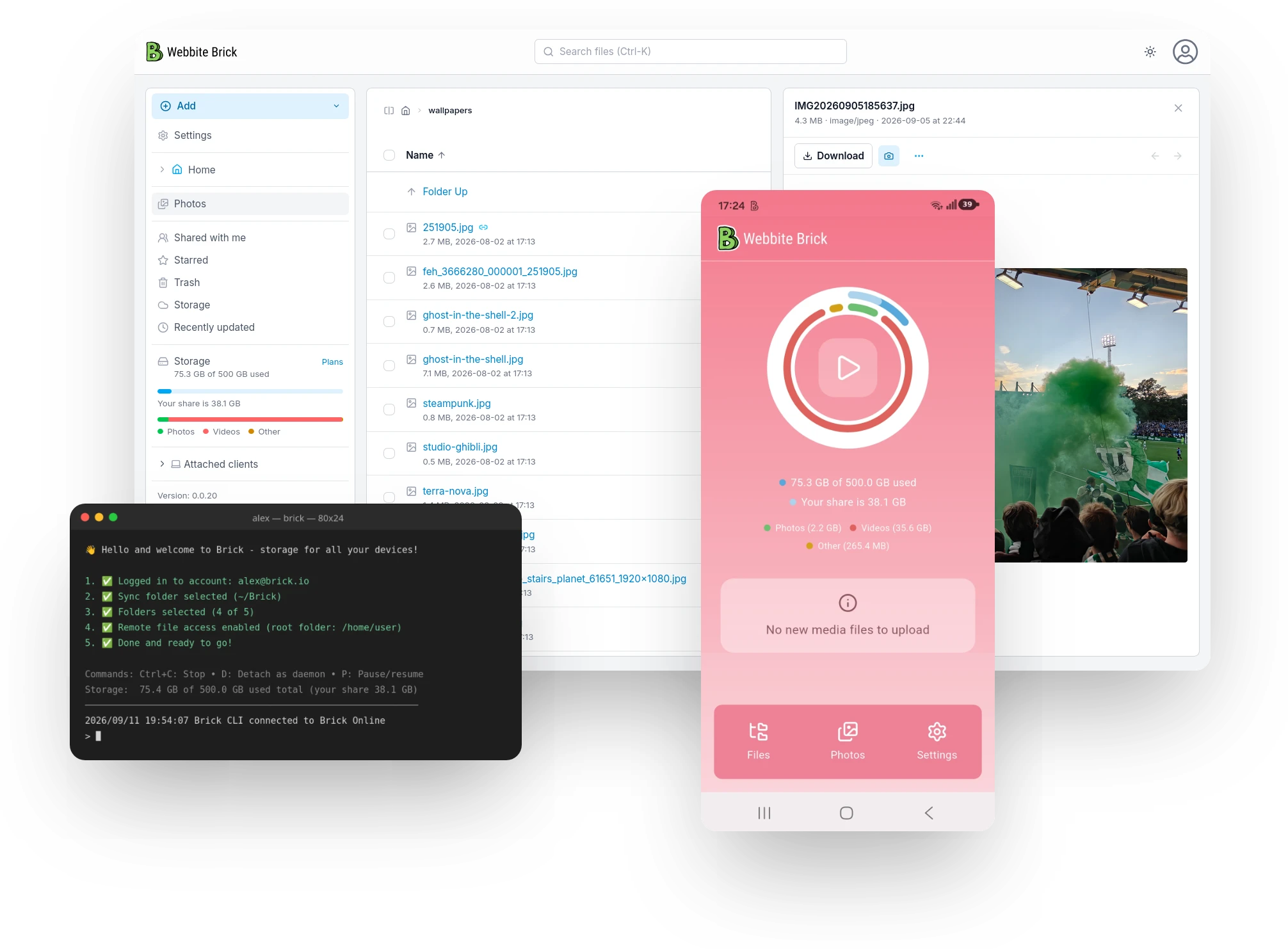 Webbite Brick i webbläsaren, på mobilen och i terminalen